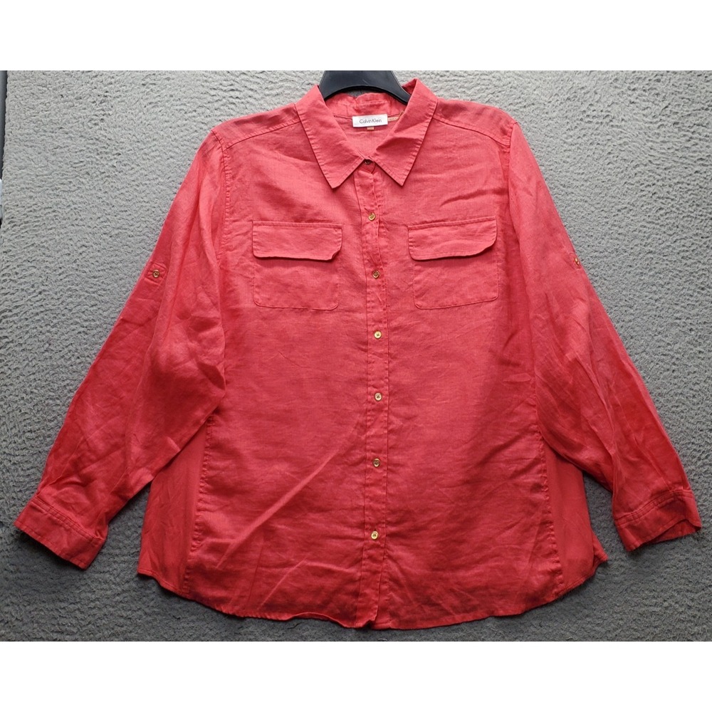Calvin Klein Shirt Womens 2X Red Roll Tab Sleeve Dual Chest Pocket Button-Up